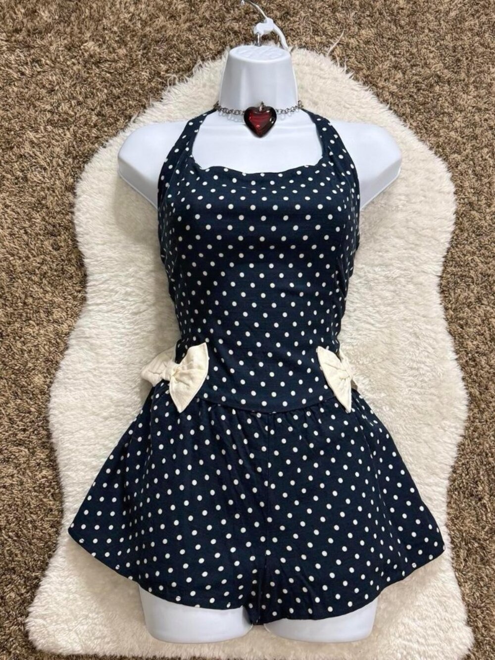 Twee girly grunge coquette navy blue and white polkadot halter style backless ro